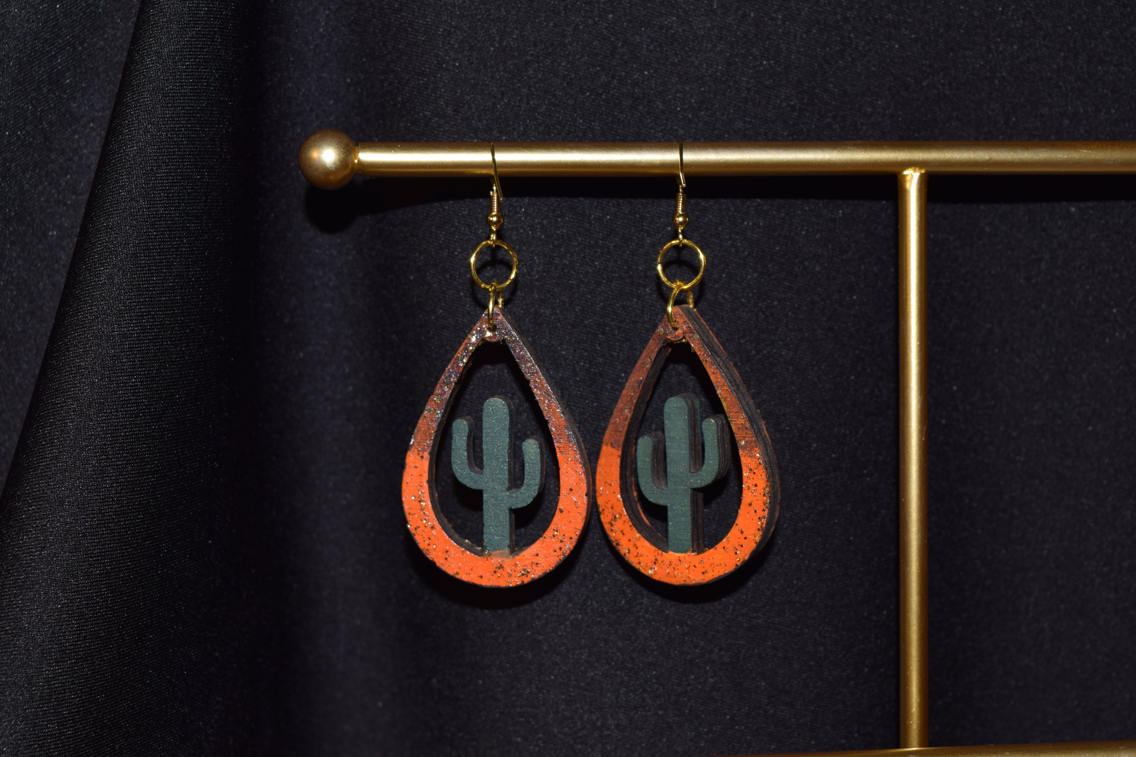 Wood Engraved Hand Painted Both Sides Earrings - Sunset Cactus