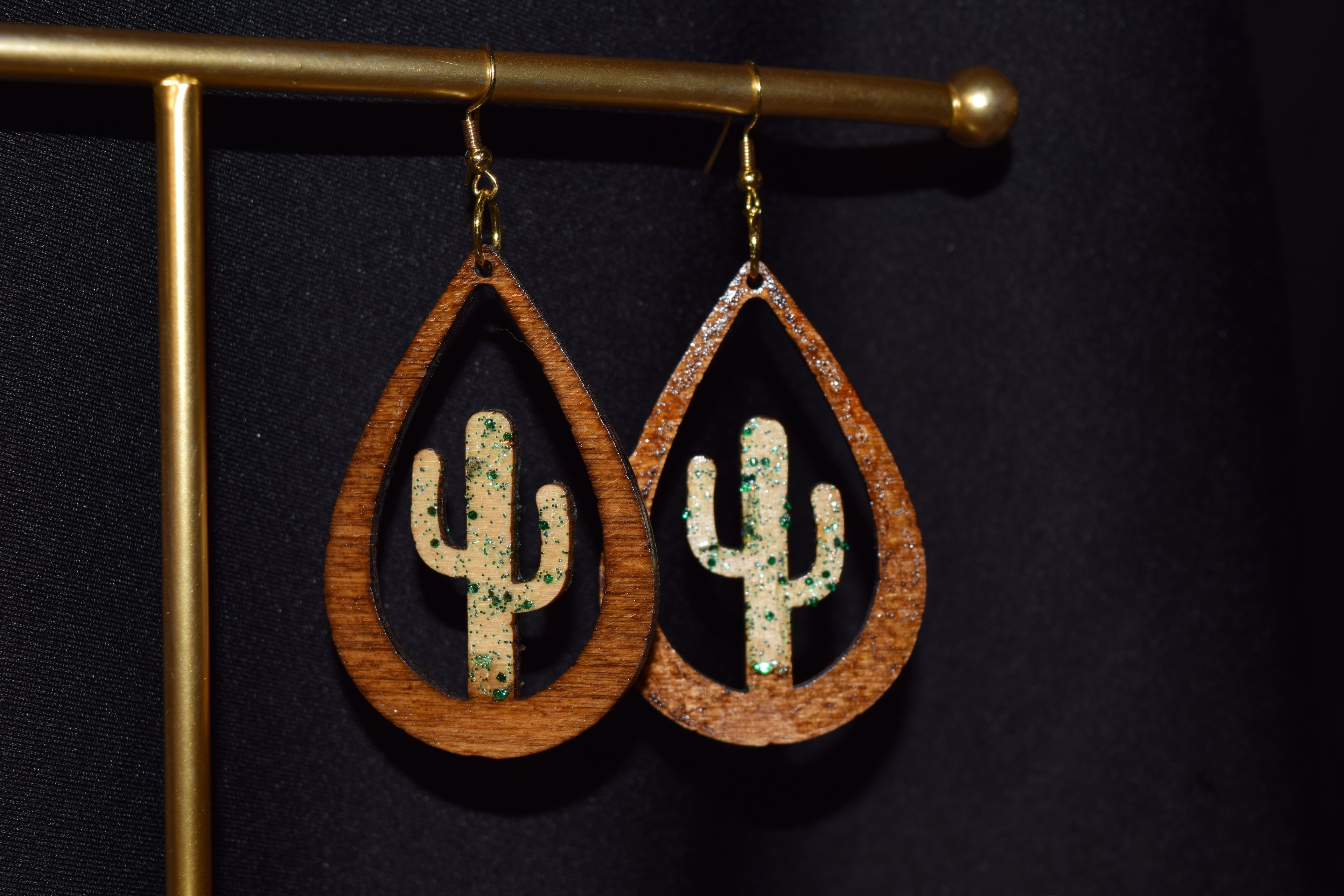 All Natural Hand Painted Both Sides Wood Dangle Earring - Brown Green Cactus