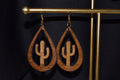 All Natural Hand Painted Both Sides Wood Dangle Earring - Brown Cactus