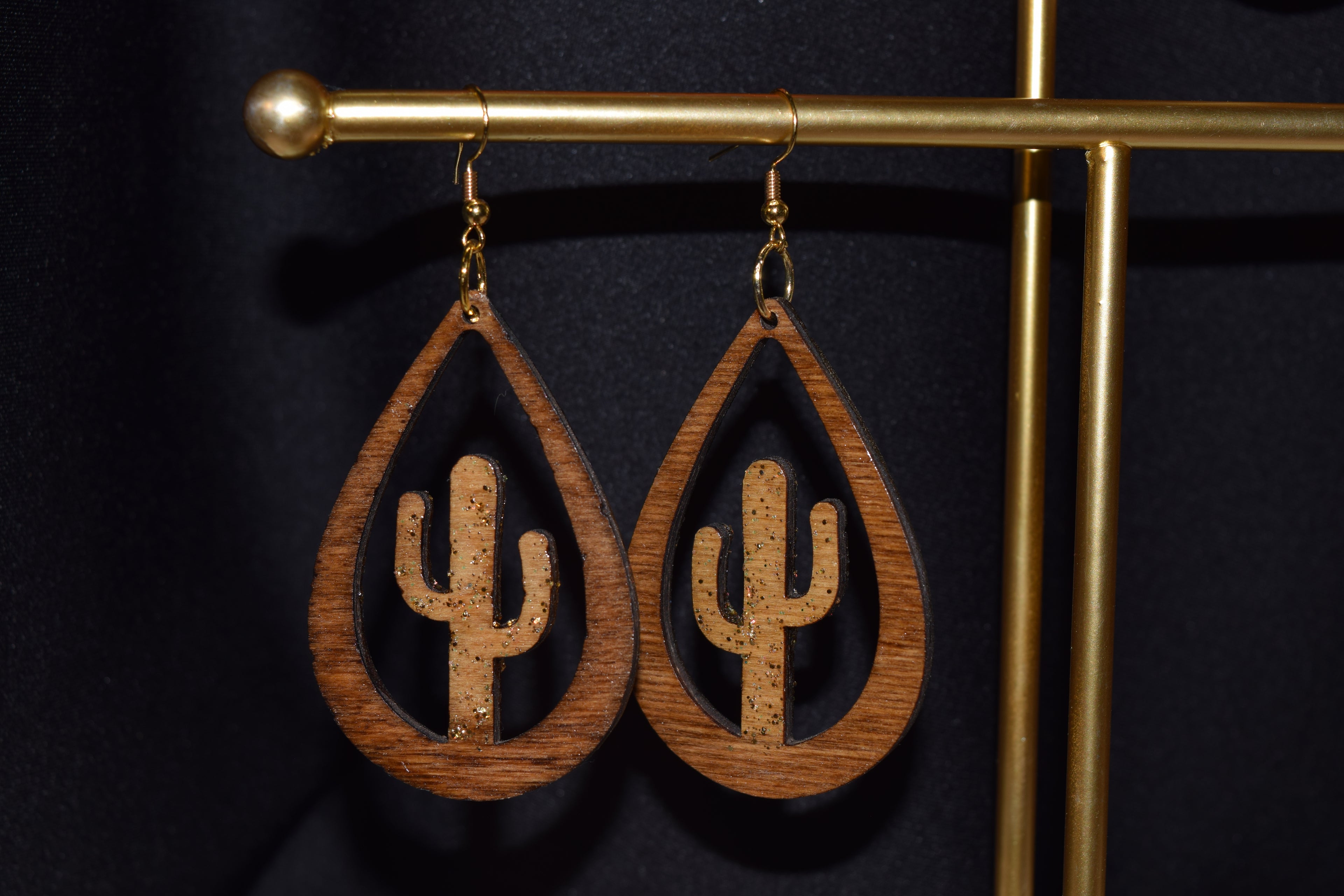 All Natural Hand Painted Both Sides Wood Dangle Earring - Brown Cactus