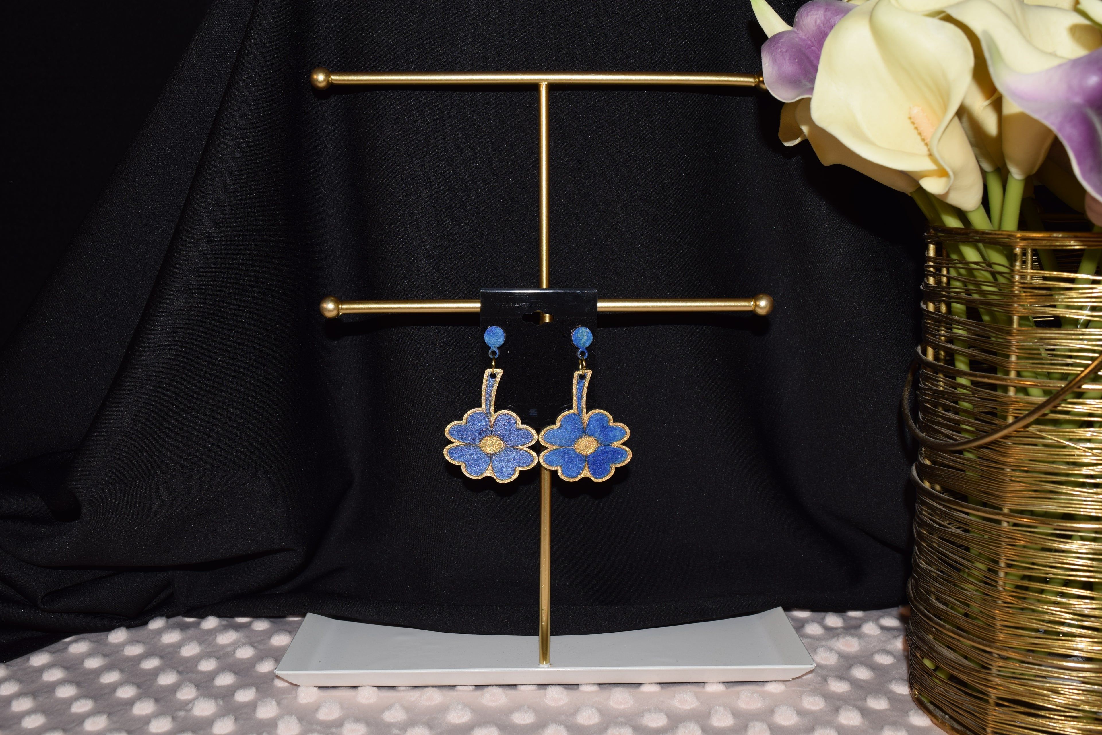 All Natural Hand Painted Both Sides Wood Dangle Earring - Blue Clover