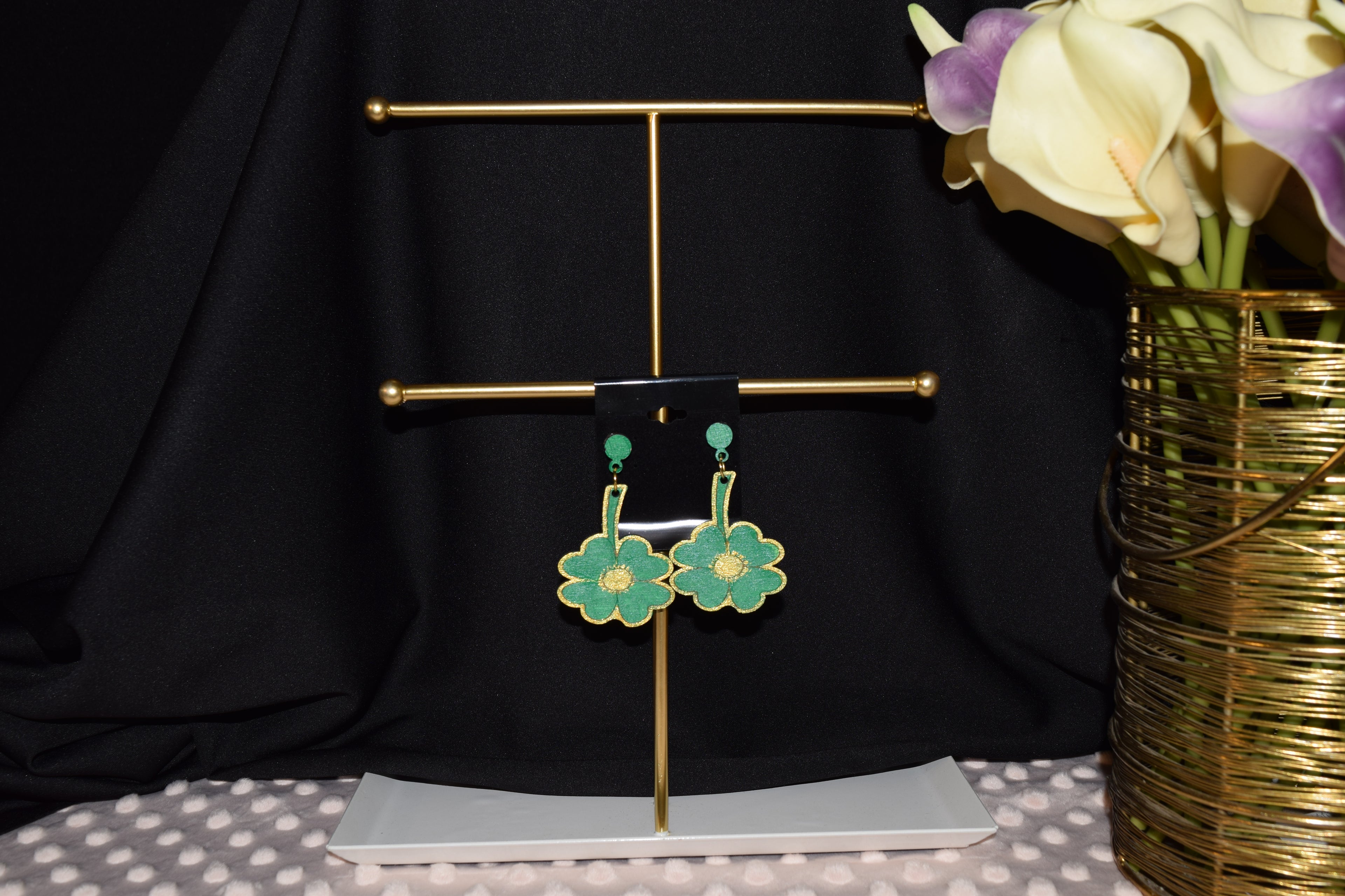 All Natural Hand Painted Both Sides Wood Studback Earring - Green Clover