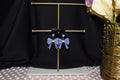 All Natural Hand Painted Both Sides Wood Studback Earring - Blue and Silver Bows