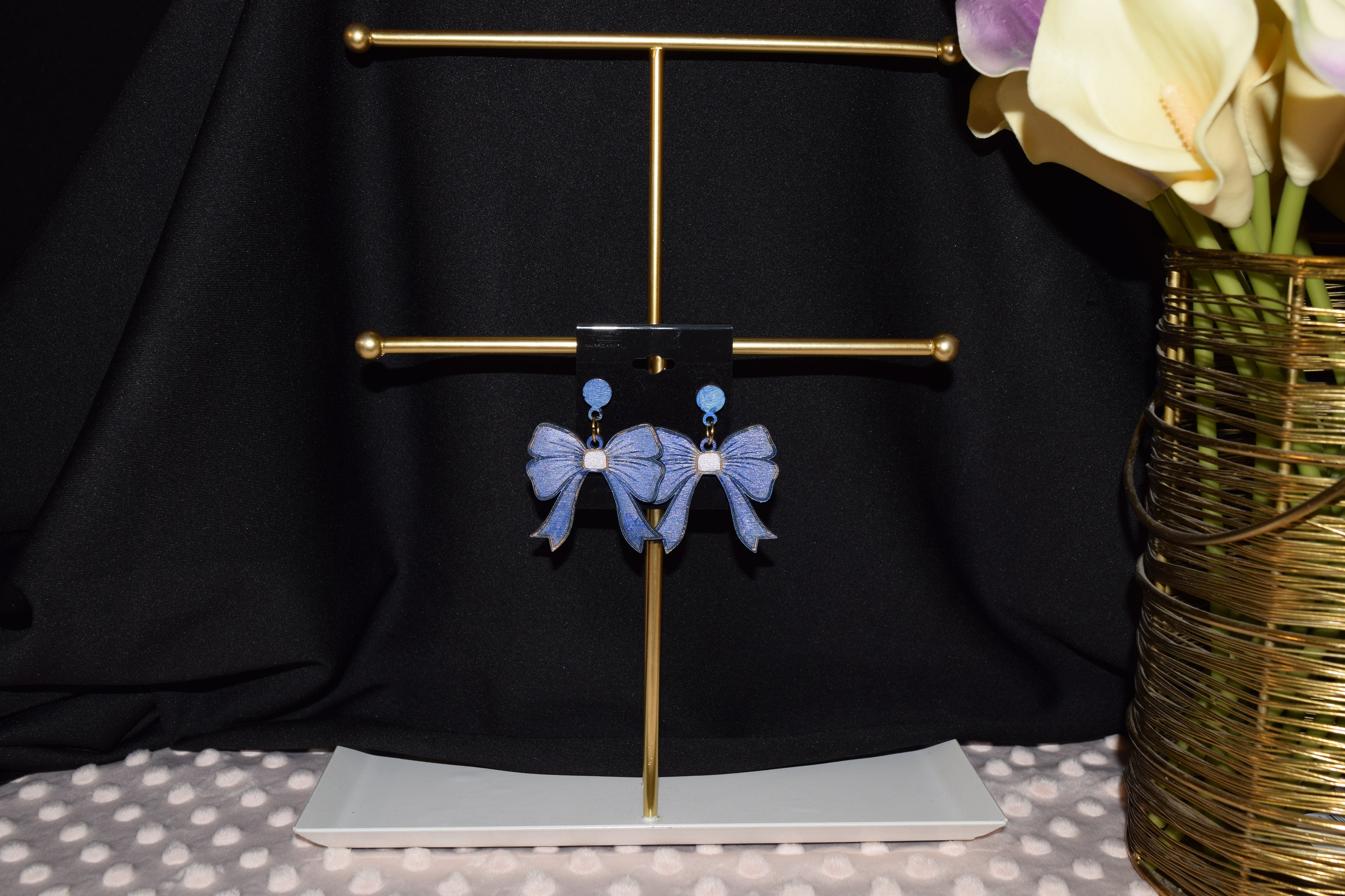 All Natural Hand Painted Both Sides Wood Studback Earring - Blue and Silver Bows