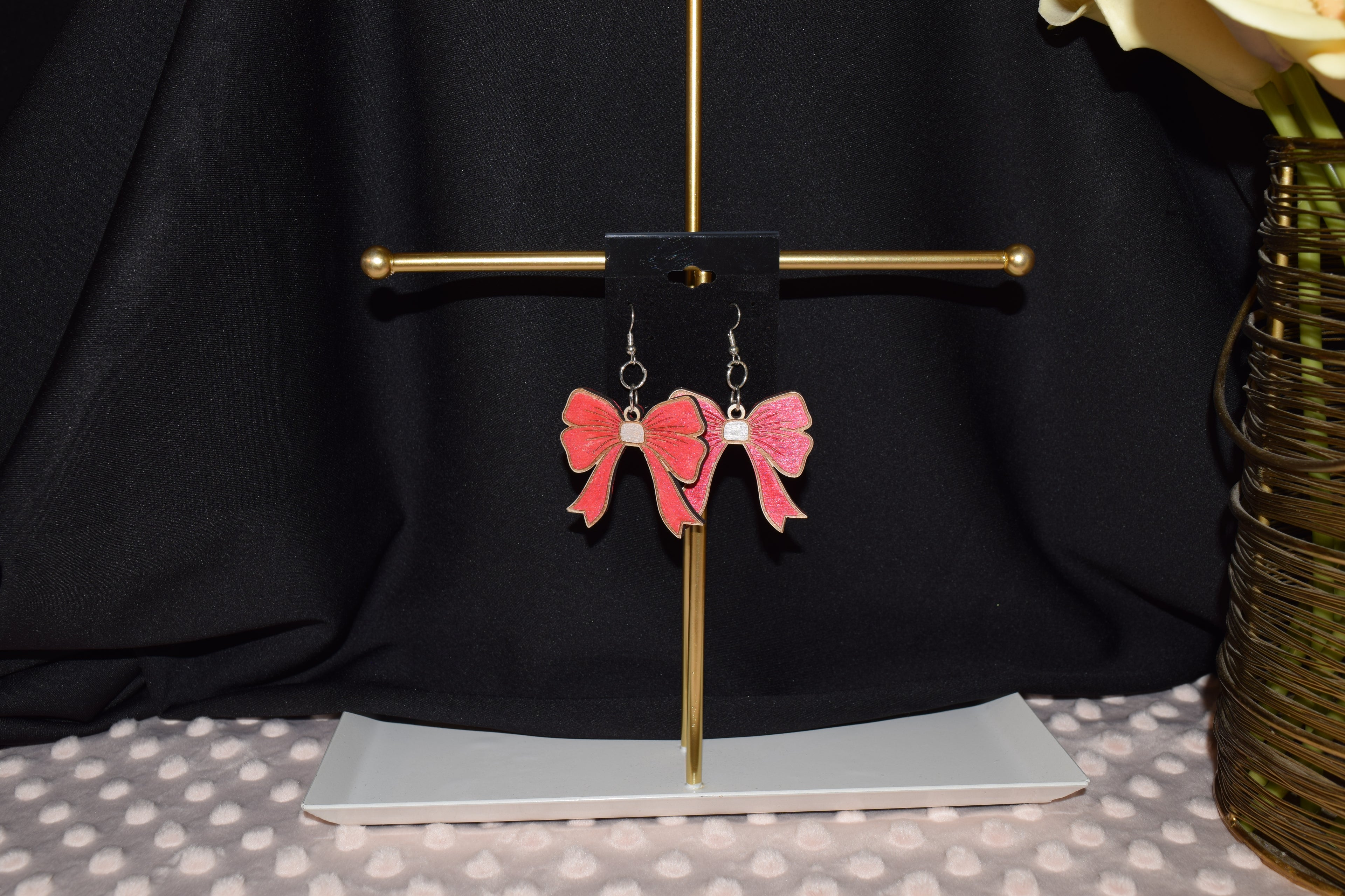 All Natural Hand Painted Both Sides Wood Dangle Earring  - Red and Silver Bows