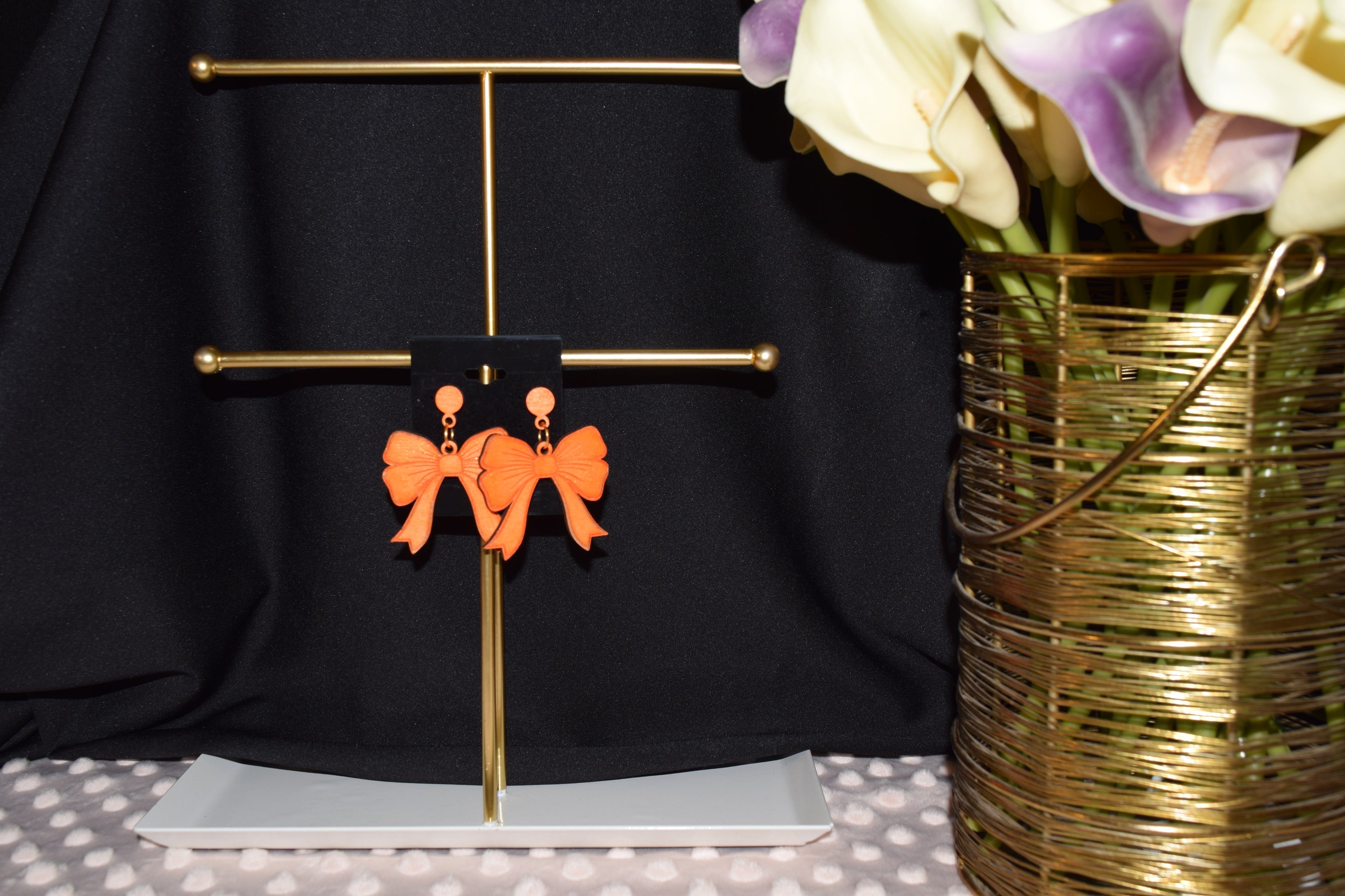 All Natural Hand Painted Both Sides Wood Studback Earring - Orange Shimmer Bows