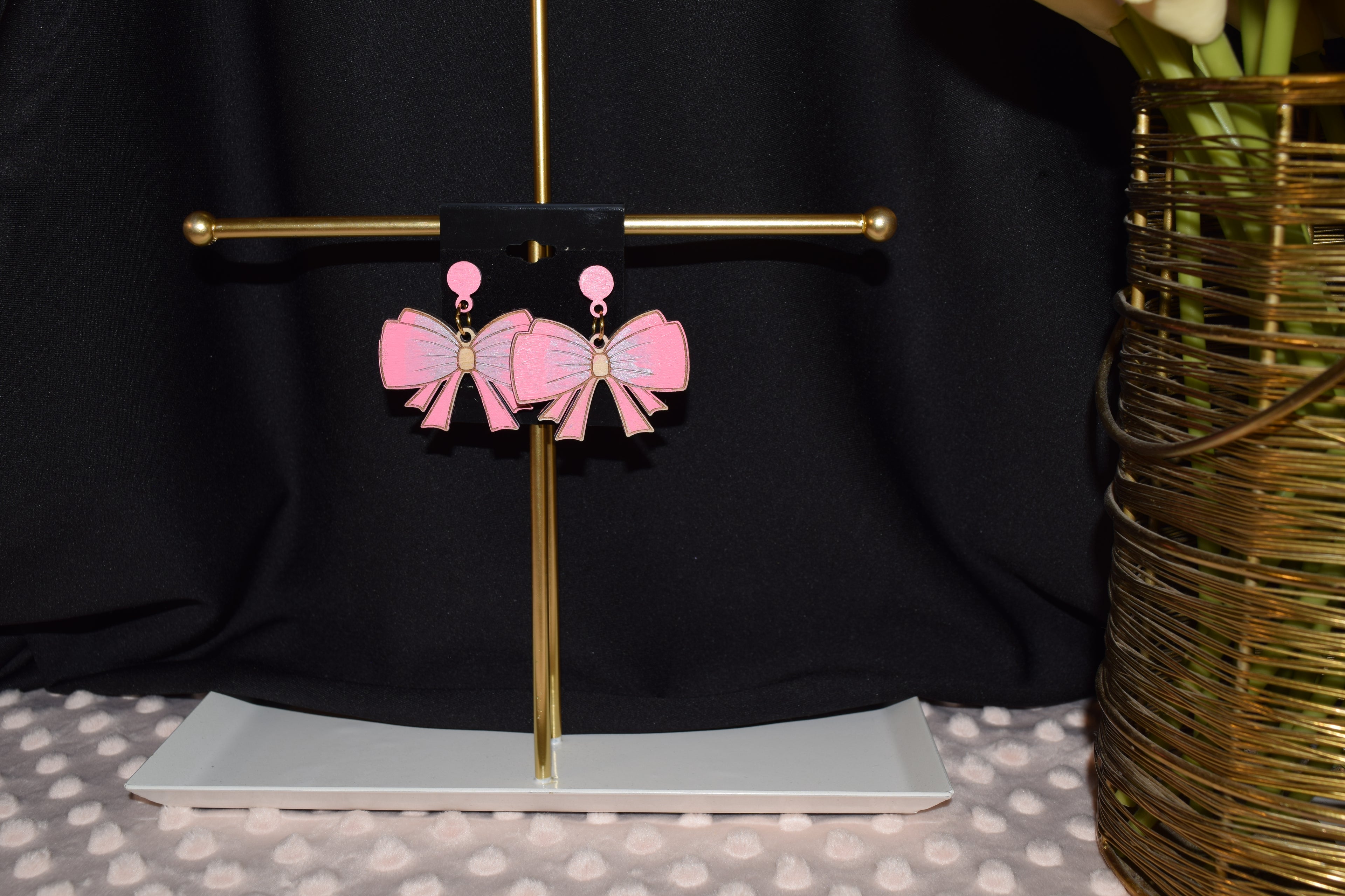 All Natural Hand Painted Both Sides Wood Studback Earring - Bright Pink and Silver Bows