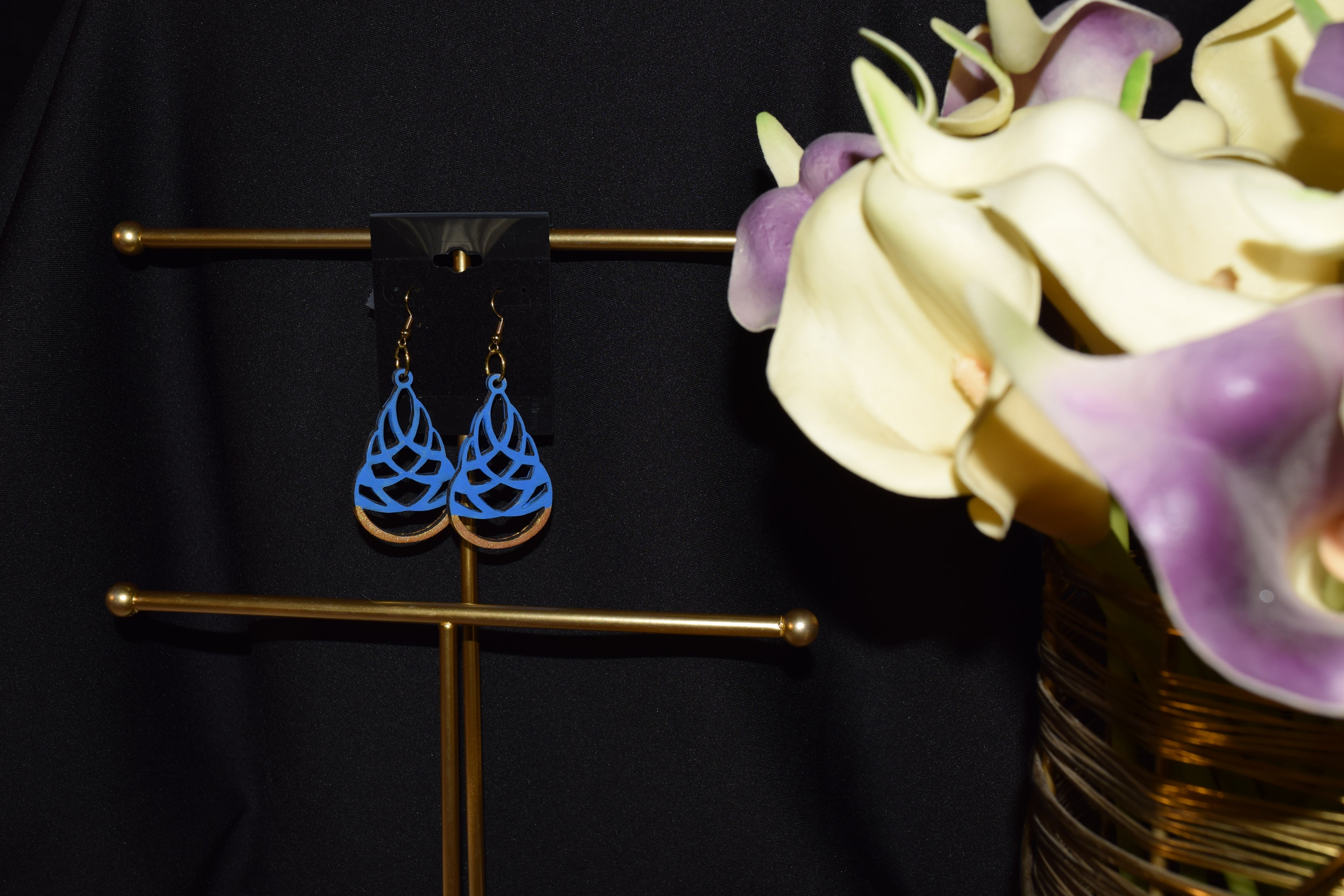 All Natural Hand Painted Both Sides Wood Dangle Earring - Blue and Gold Beehive