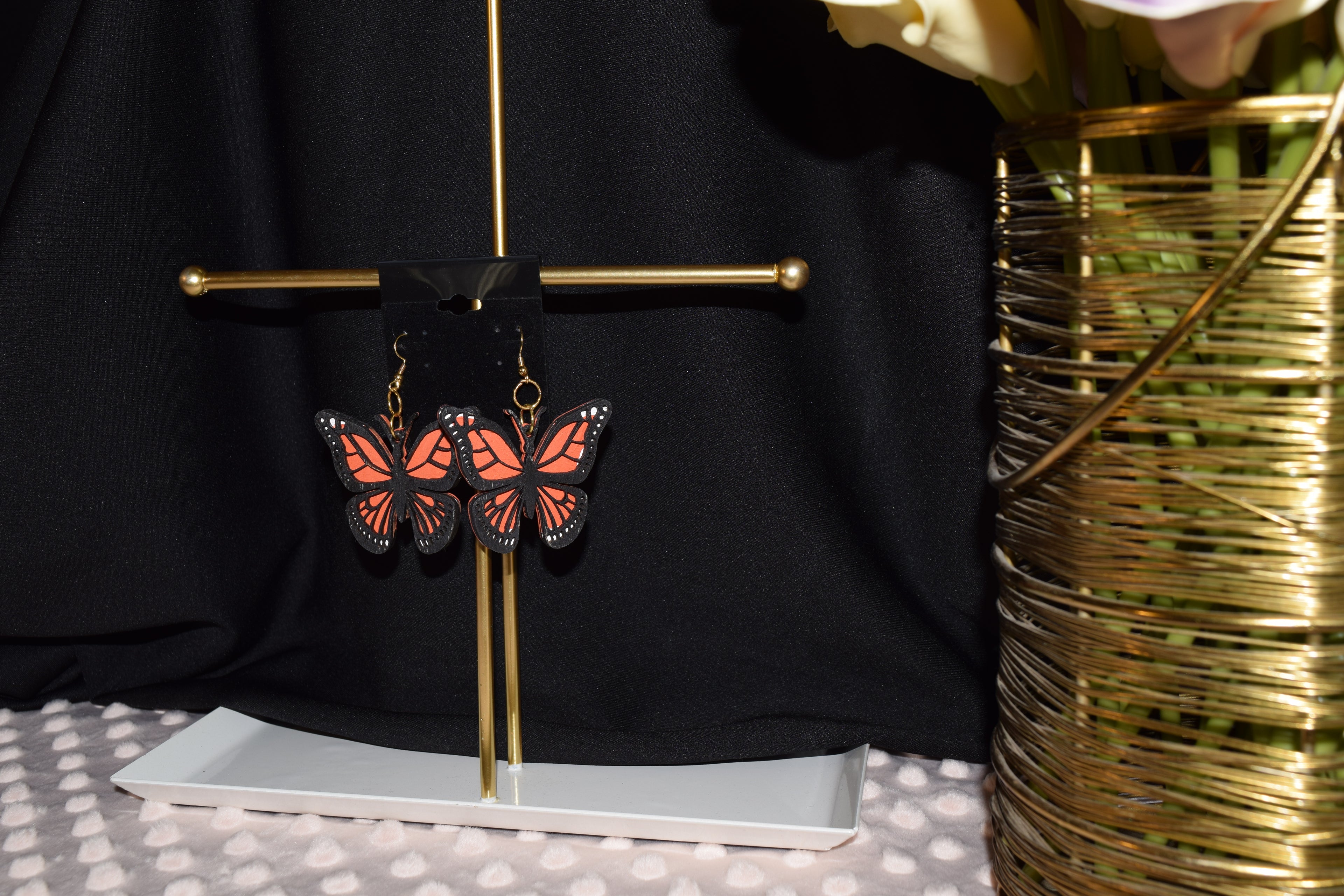 All Natural Hand Painted Both Sides Wood Dangle Earring - Monarch Butterfly