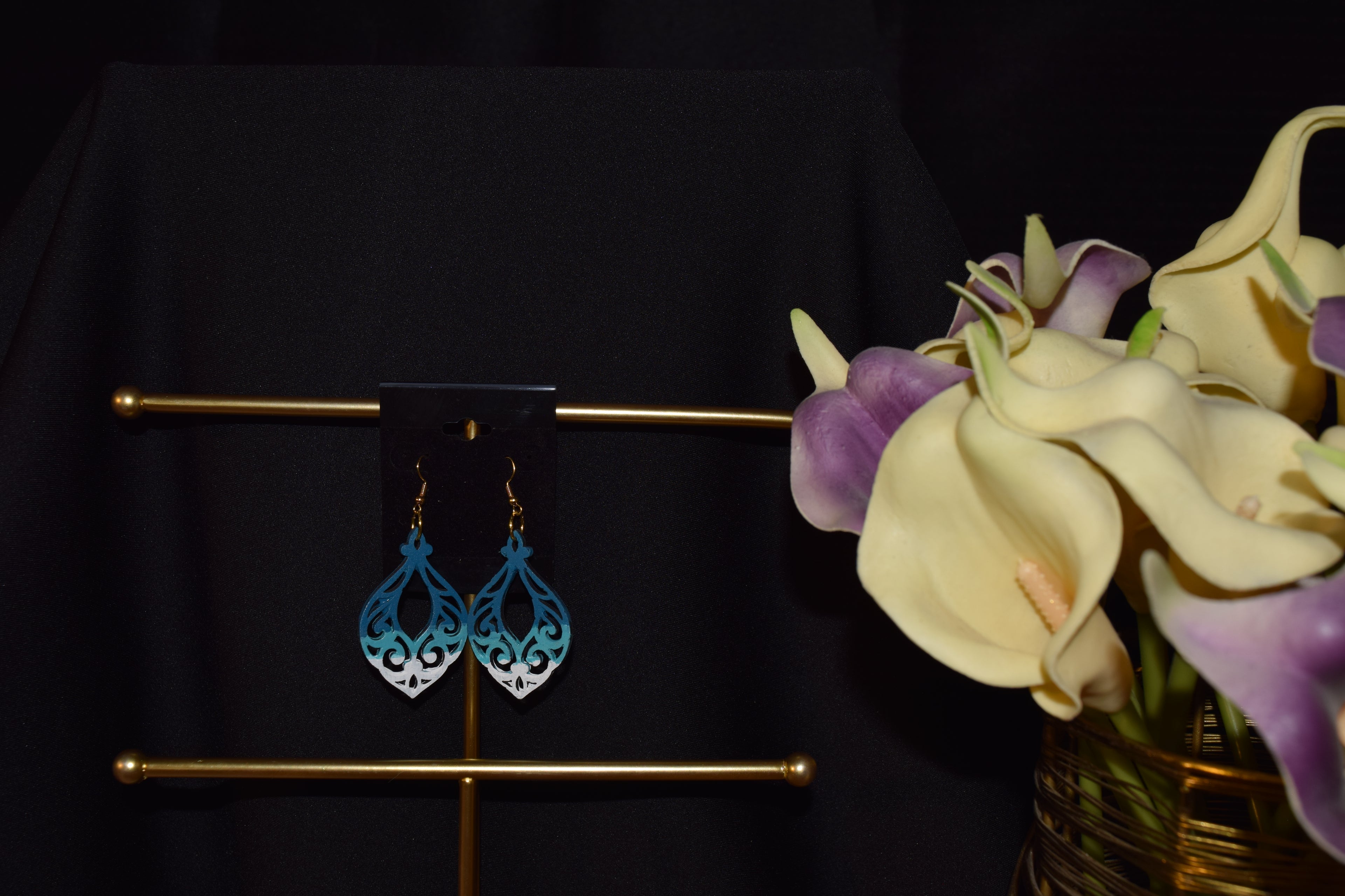 All Natural Hand Painted Both Sides Wood Dangle Earring - Multi Blue Vibe