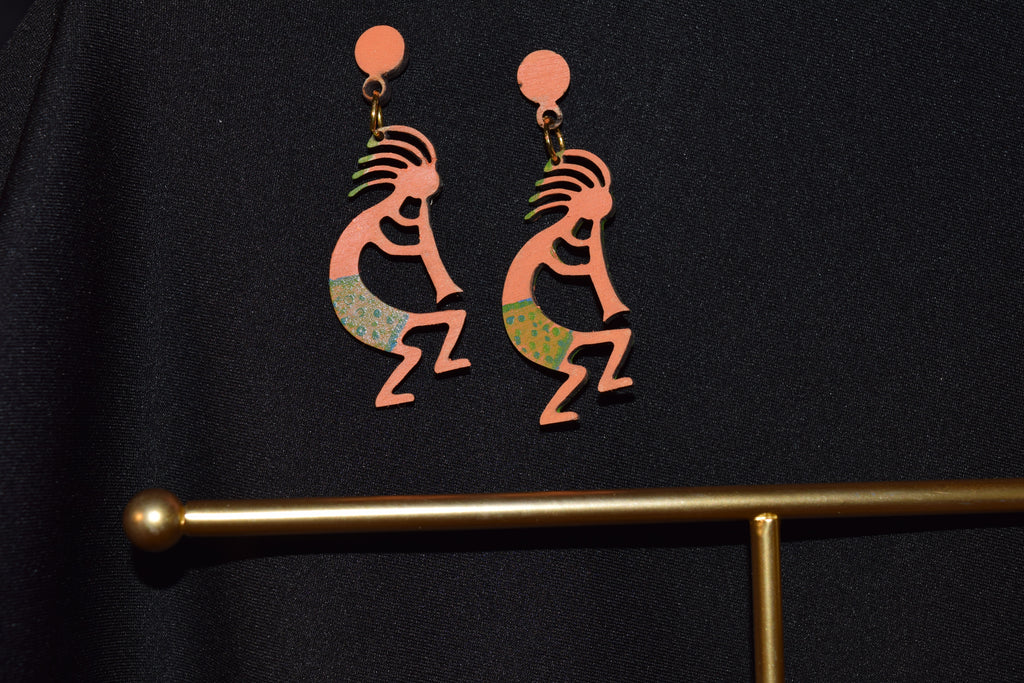 All Natural Hand Painted Both Sides Wood Studback Earring - Kokopelli