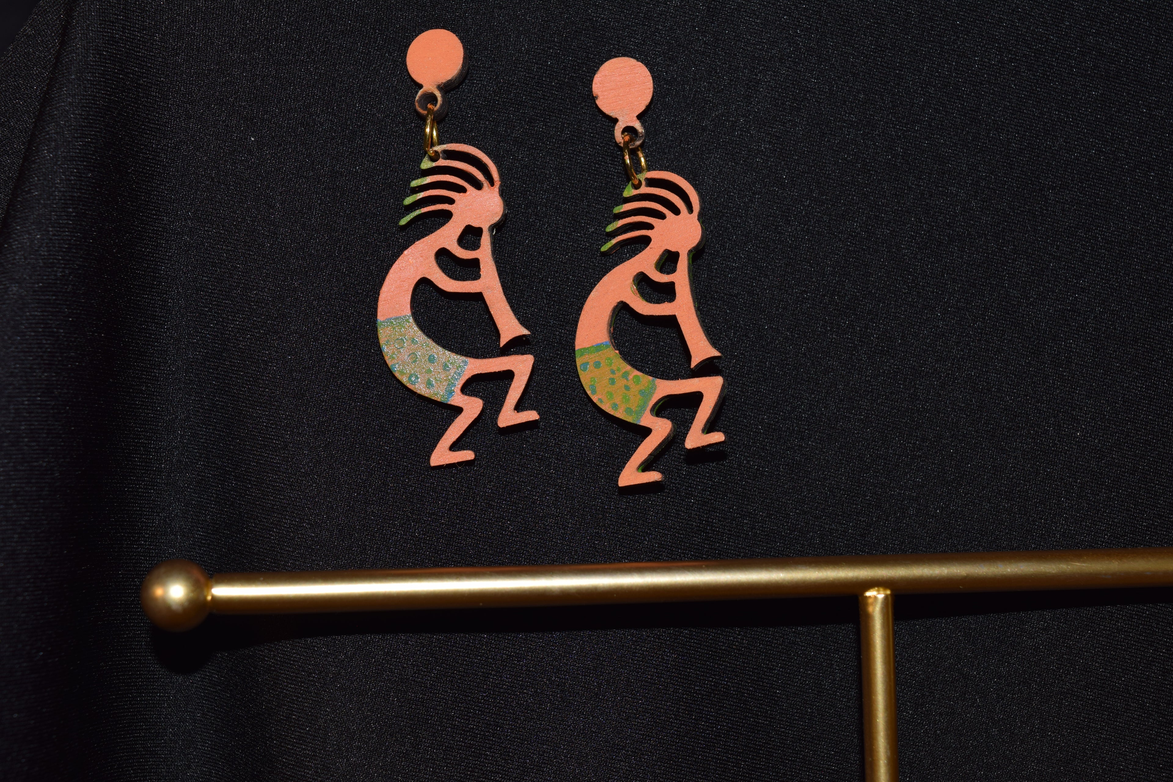 All Natural Hand Painted Both Sides Wood Studback Earring - Kokopelli