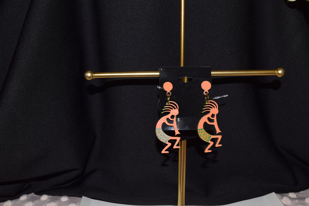 All Natural Hand Painted Both Sides Wood Studback Earring - Kokopelli