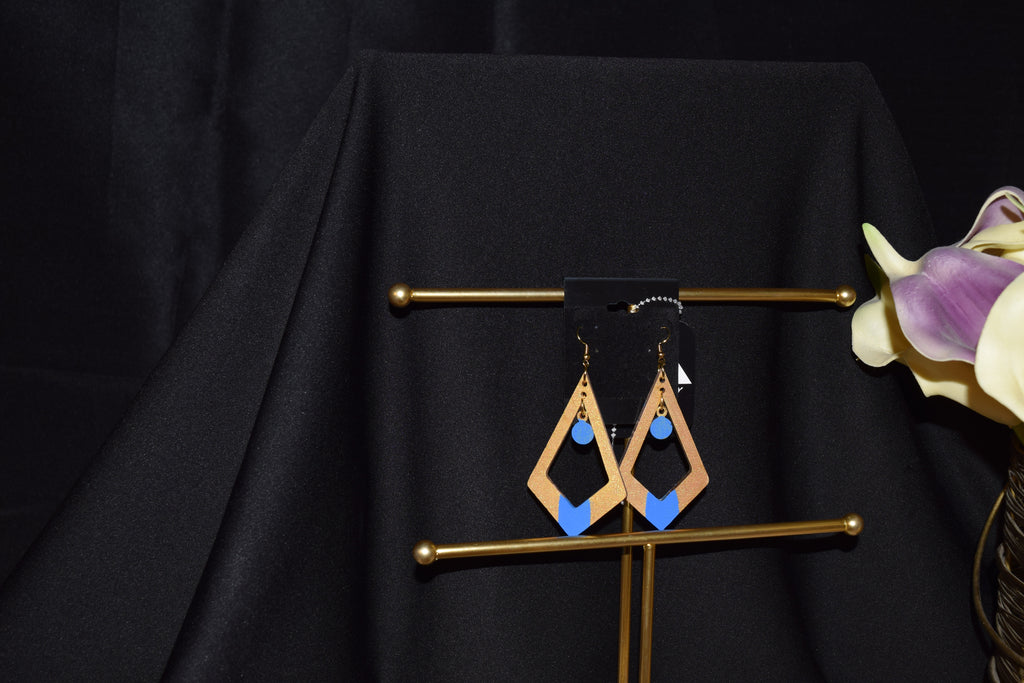 All Natural Hand Painted Both Sides Wood Dangle Earring - Geometric Style Blue and Gold