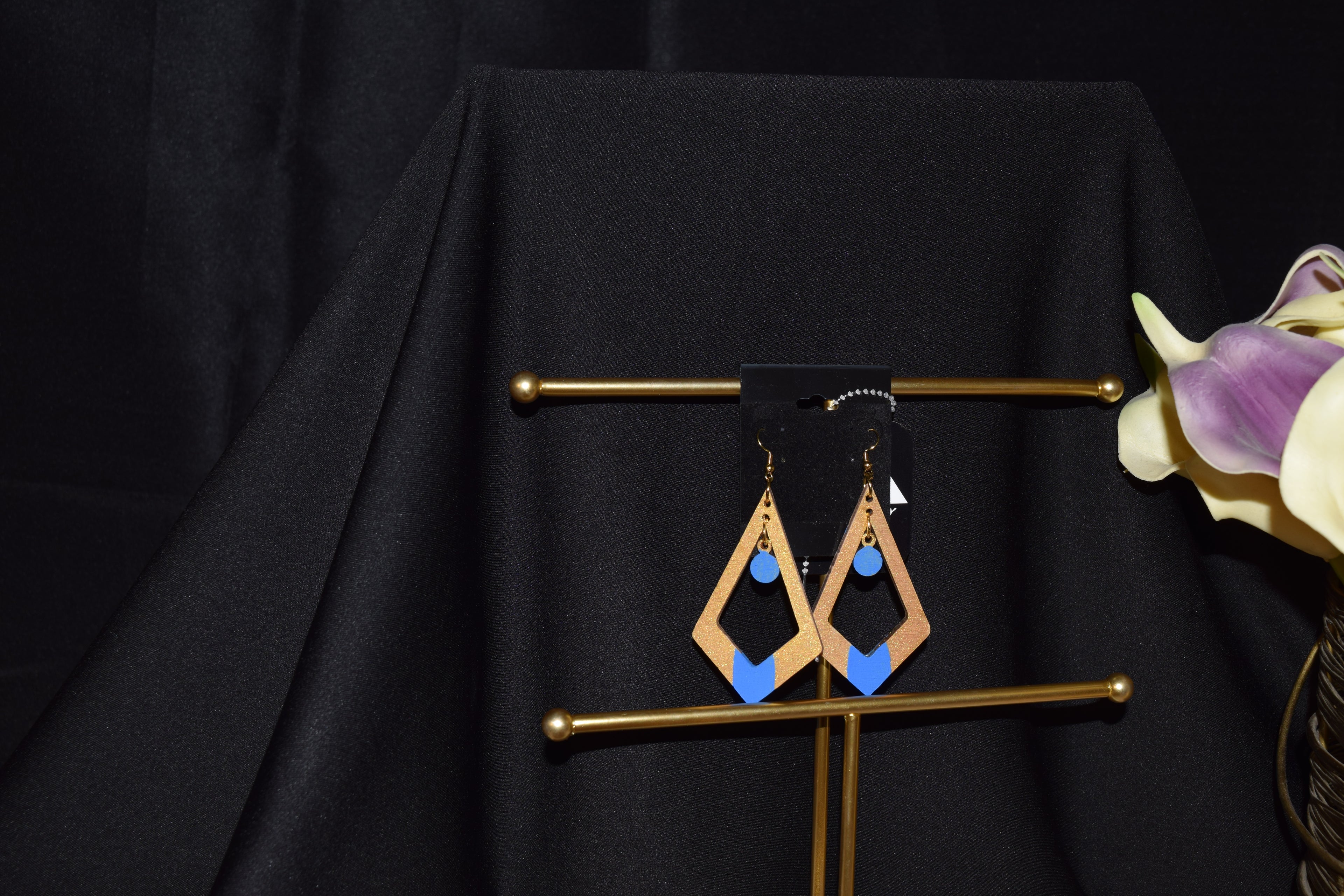 All Natural Hand Painted Both Sides Wood Dangle Earring - Geometric Style Blue and Gold