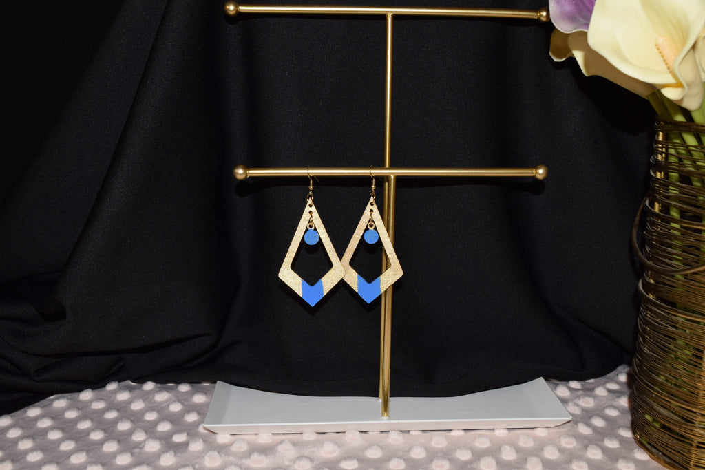 All Natural Hand Painted Both Sides Wood Dangle Earring - Geometric Style Blue and Gold