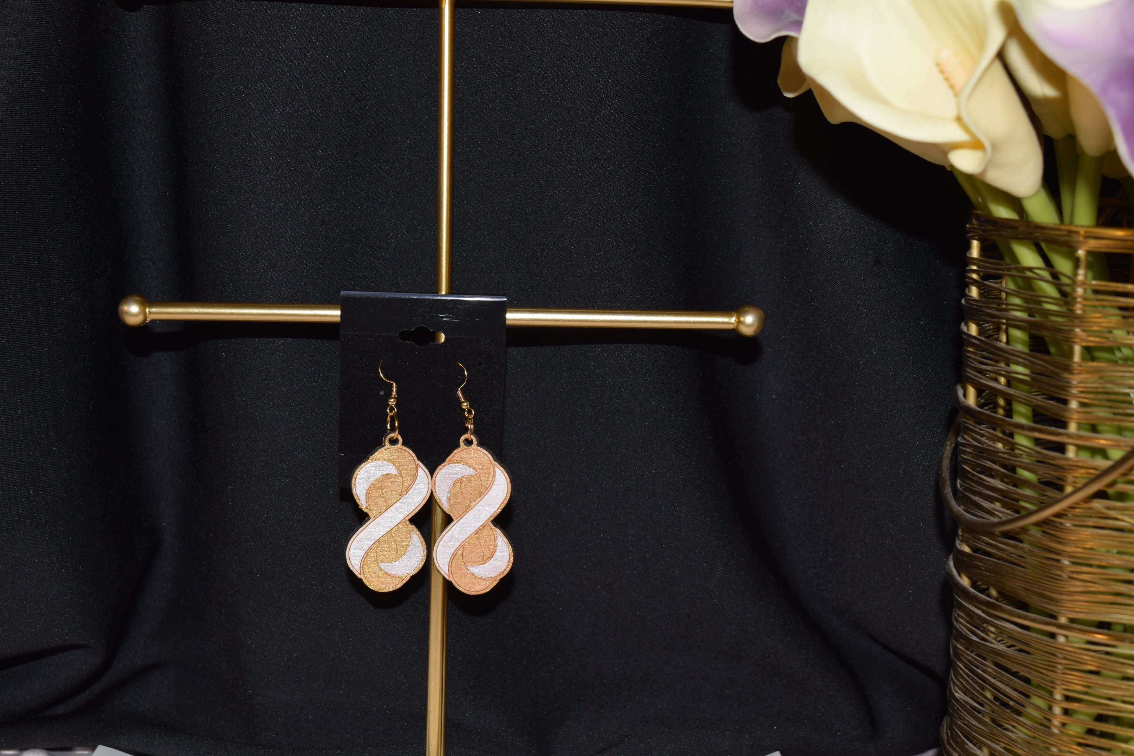 All Natural Hand Painted Both Sides Wood Dangle Earring - Inkinity Gold and White