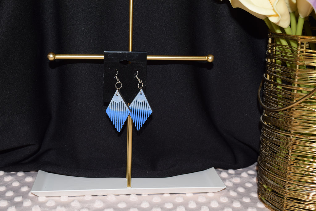 All Natural Hand Painted Both Sides Wood Dangle Earring - Blue and Silver
