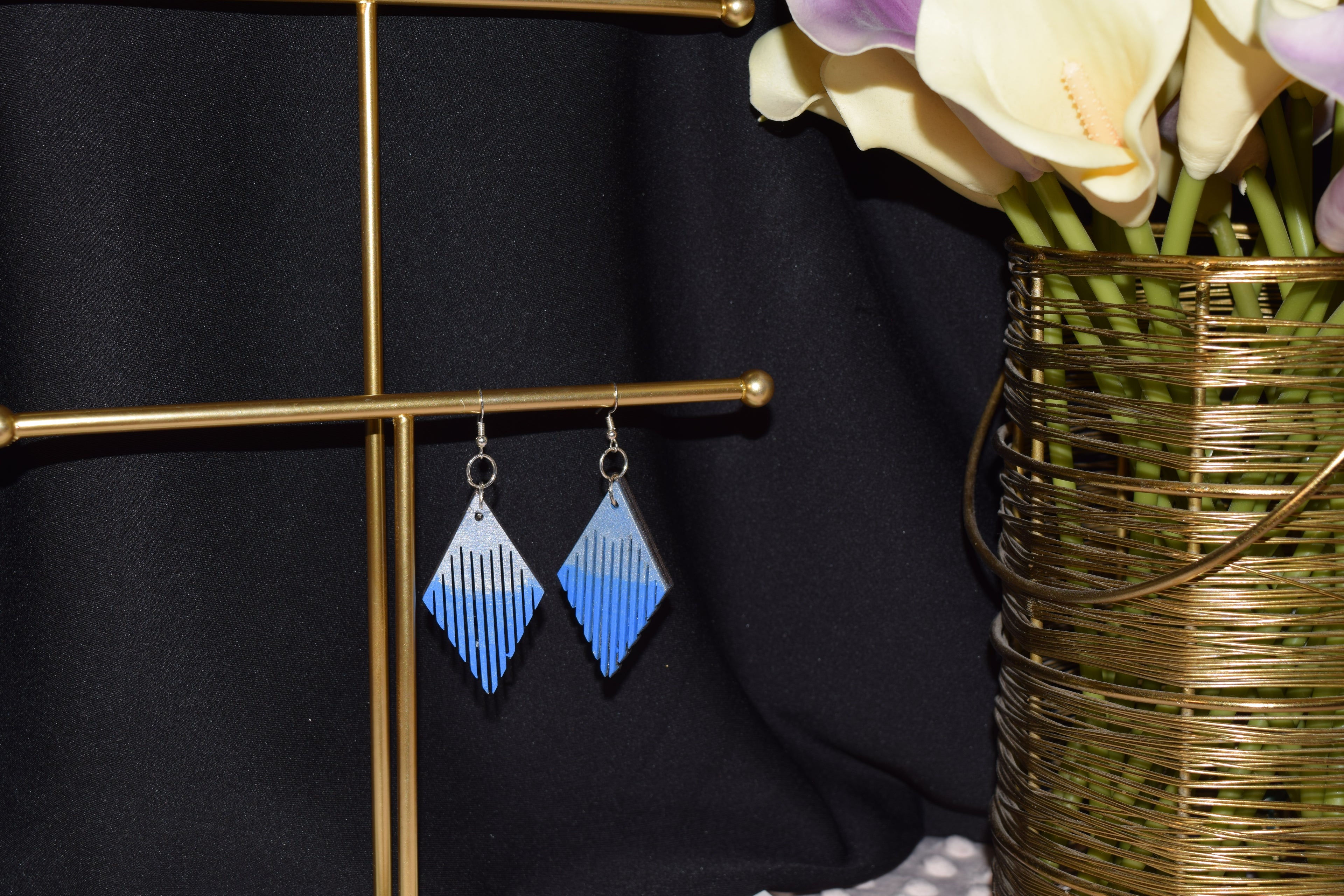 All Natural Hand Painted Both Sides Wood Dangle Earring - Blue and Silver