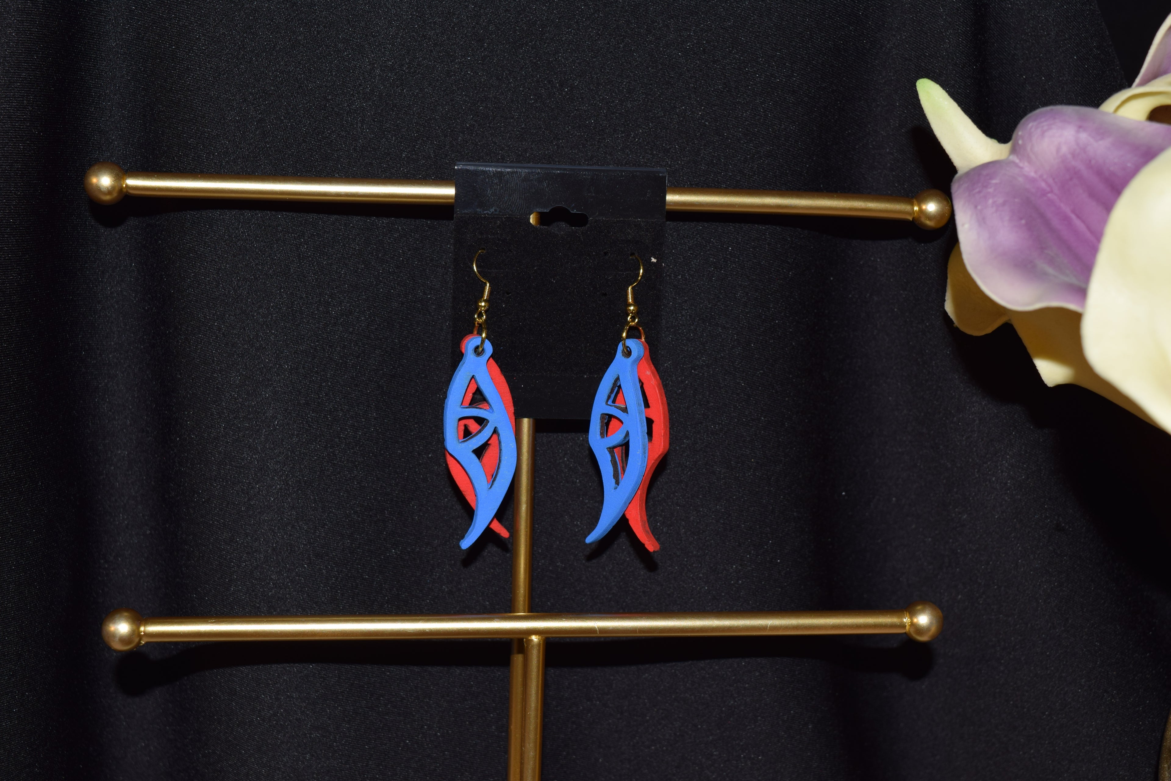 All Natural Hand Painted Both Sides Wood Dangle Earring - Red and Blue Flutter Wings