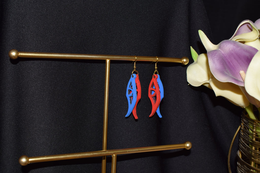 All Natural Hand Painted Both Sides Wood Dangle Earring - Red and Blue Flutter Wings