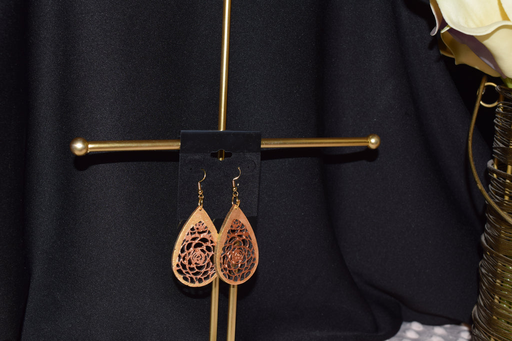 All Natural Hand Painted Both Sides Wood Dangle Earring - Gold and Bronze Flower