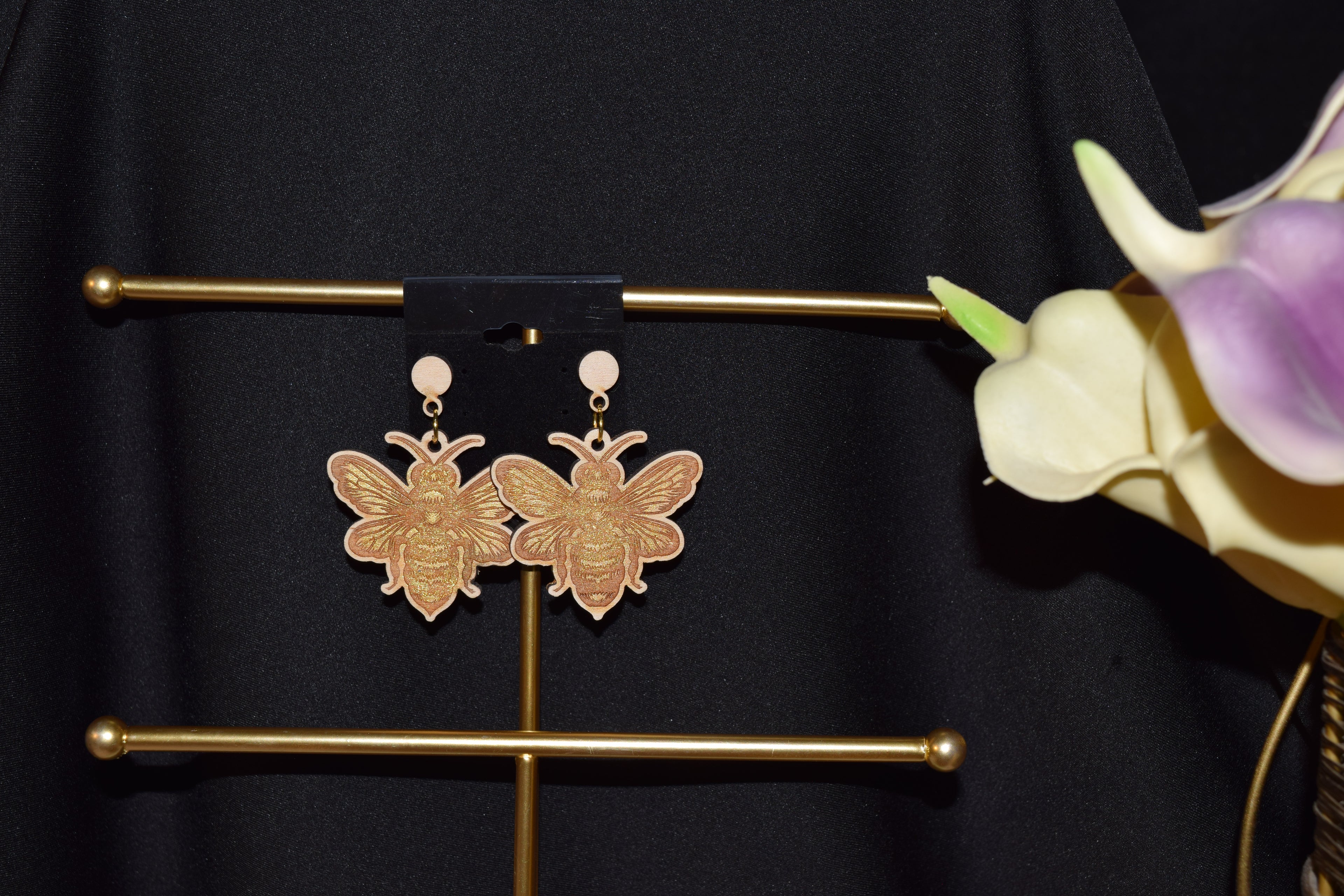 All Natural Hand Painted Both Sides Wood Dangle Earring - Golden Bee