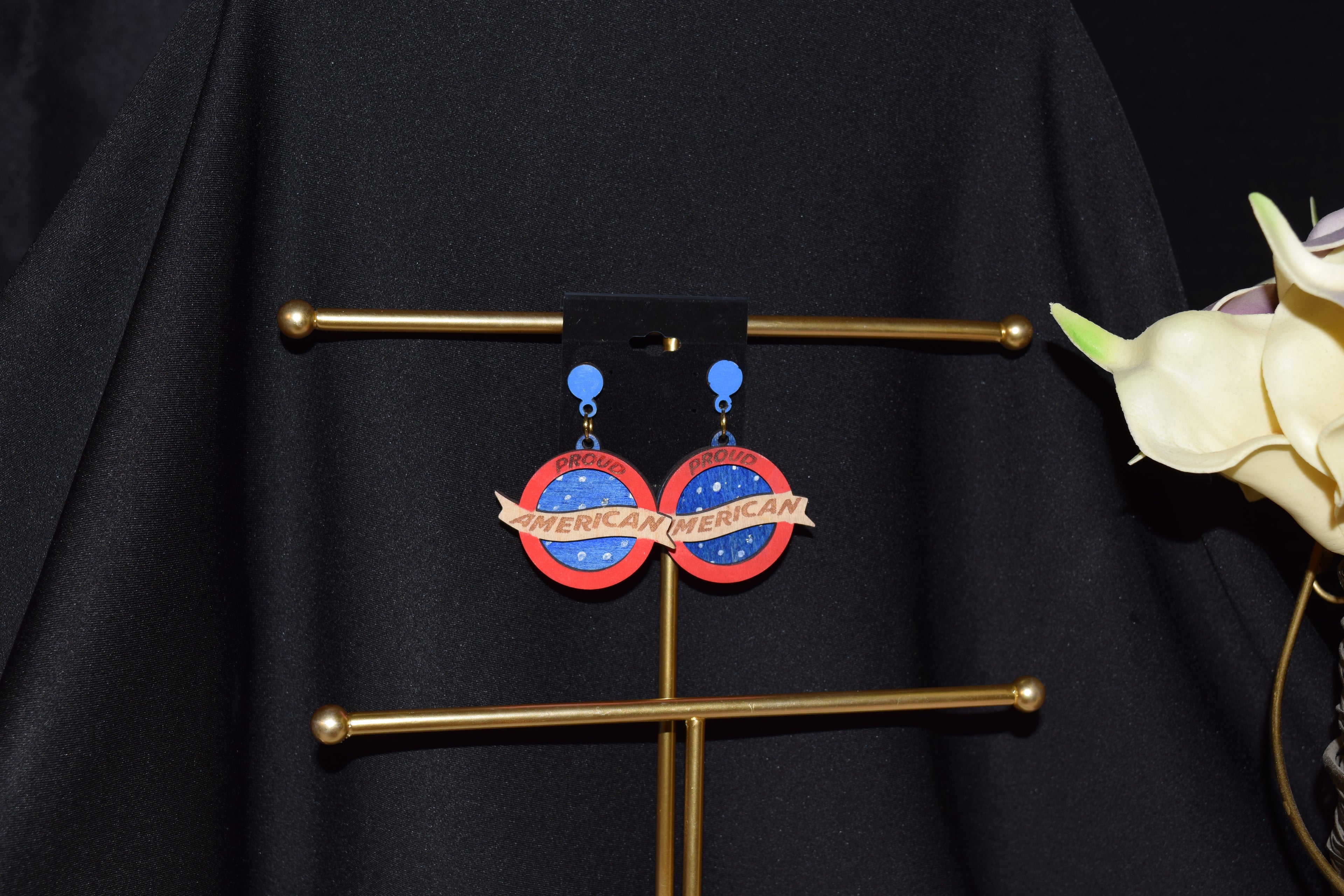 All Natural Hand Painted Both Sides Wood Studback Earring - Proud American Red/White/Blue
