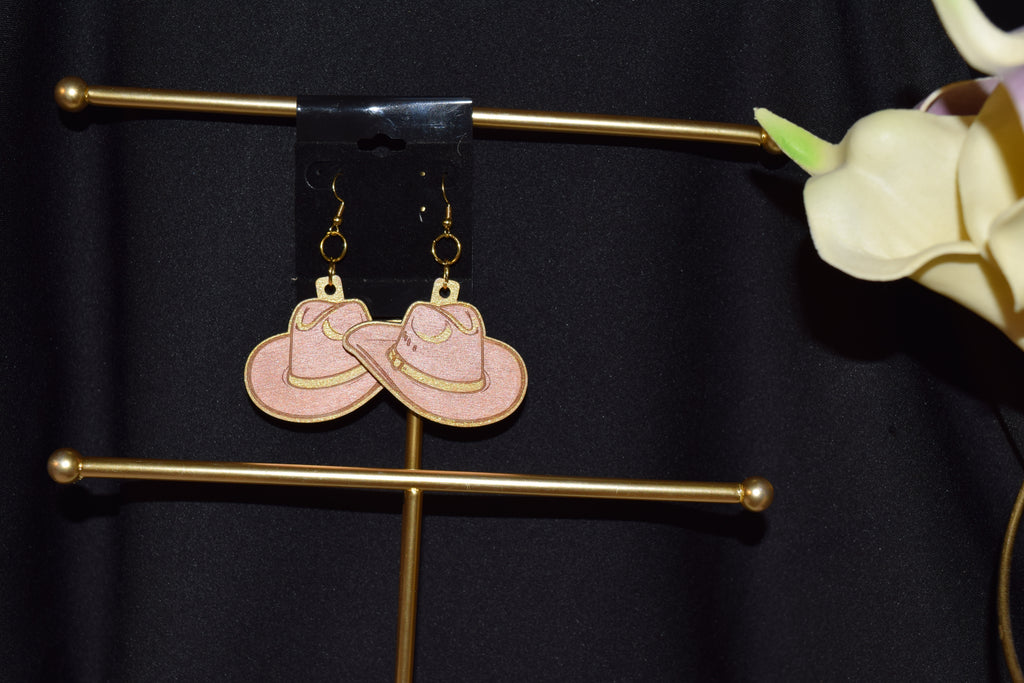 Wood Hand Painted Engraved Earrings - Cowgirl Hat