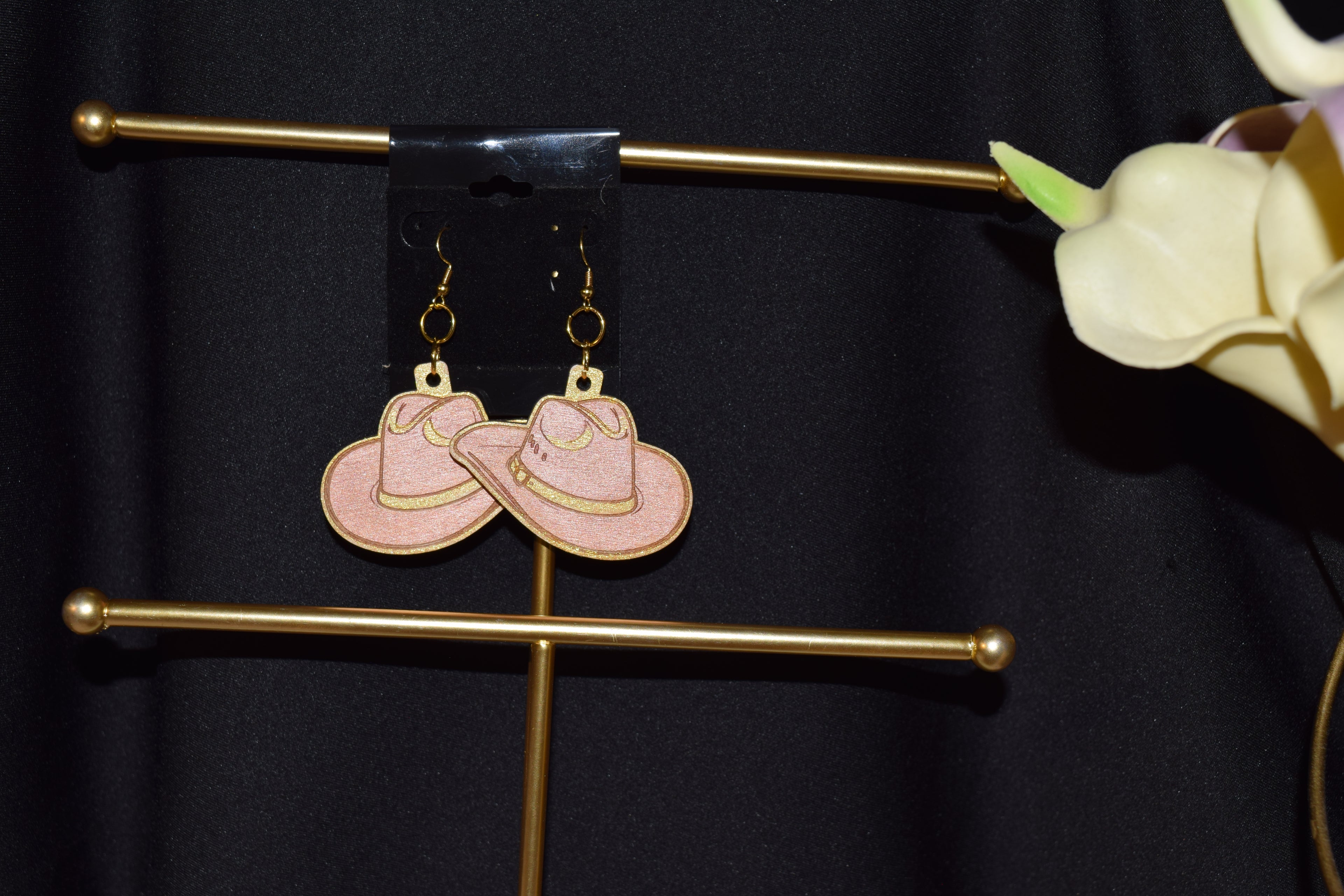 Wood Hand Painted Engraved Earrings - Cowgirl Hat