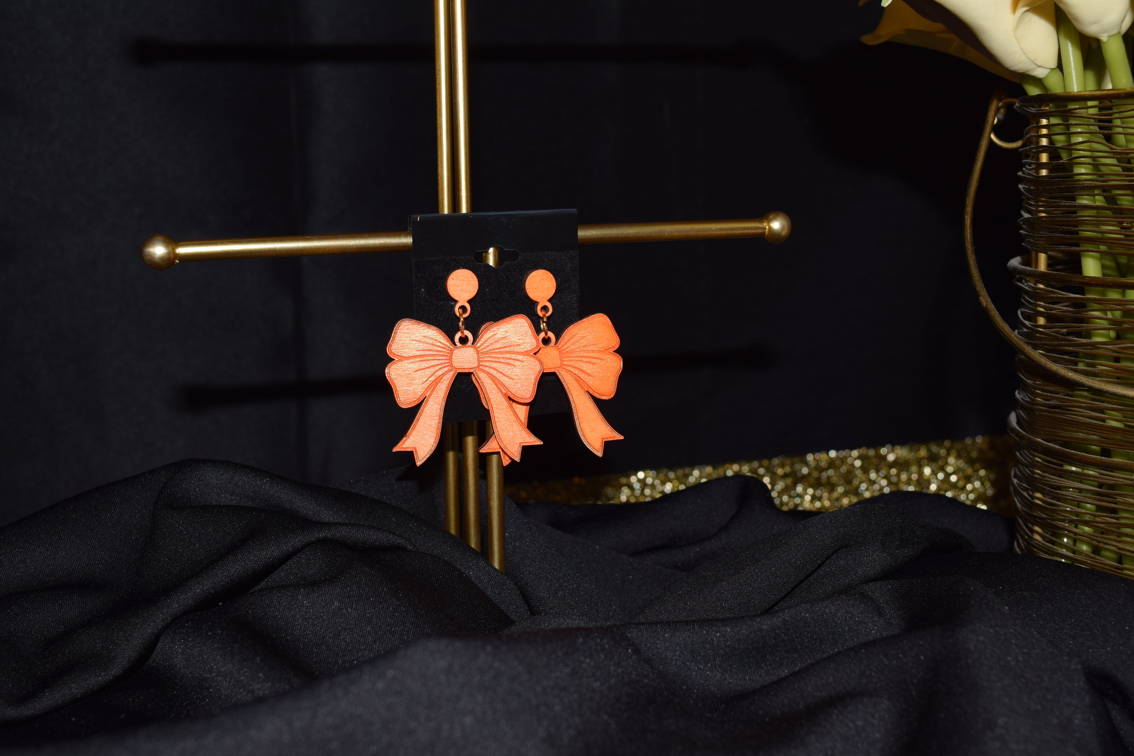 All Natural Hand Painted Both Sides Wood Studback Earring - Orange Shimmer Bows