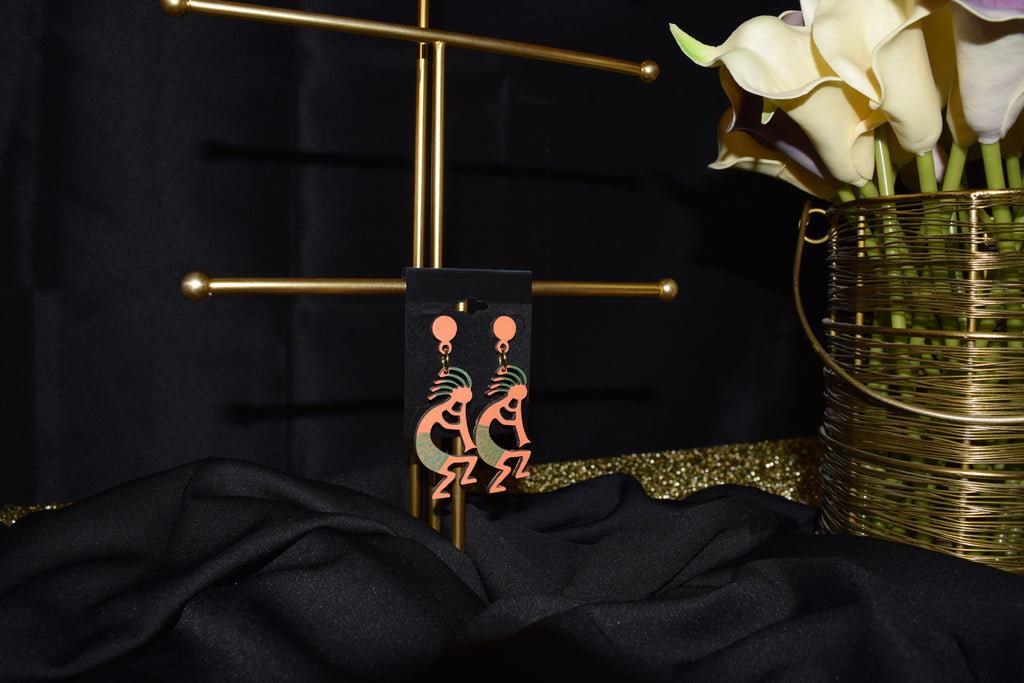All Natural Hand Painted Both Sides Wood Studback Earring - Kokopelli