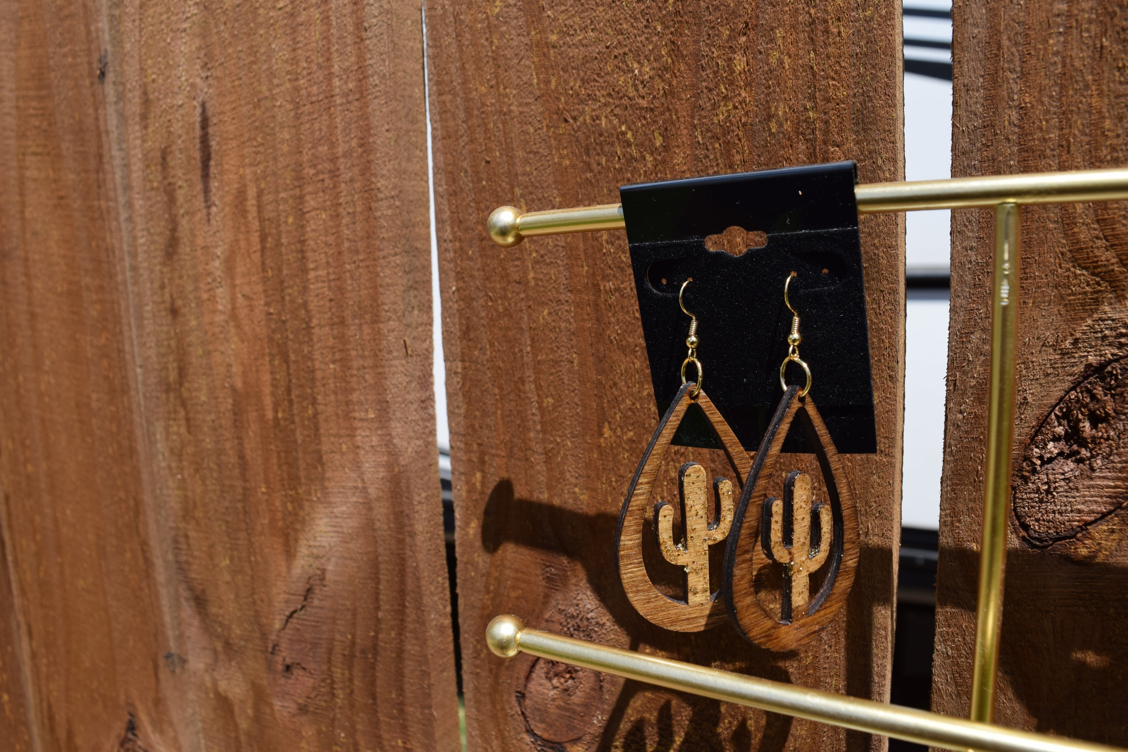 Laser Engraved Wood Hand Painted Earrings, gold or silver plated Dangle