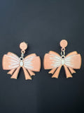 All Natural Hand Painted Both Sides Wood Studback Earring - Soft Pink and Silver Bows