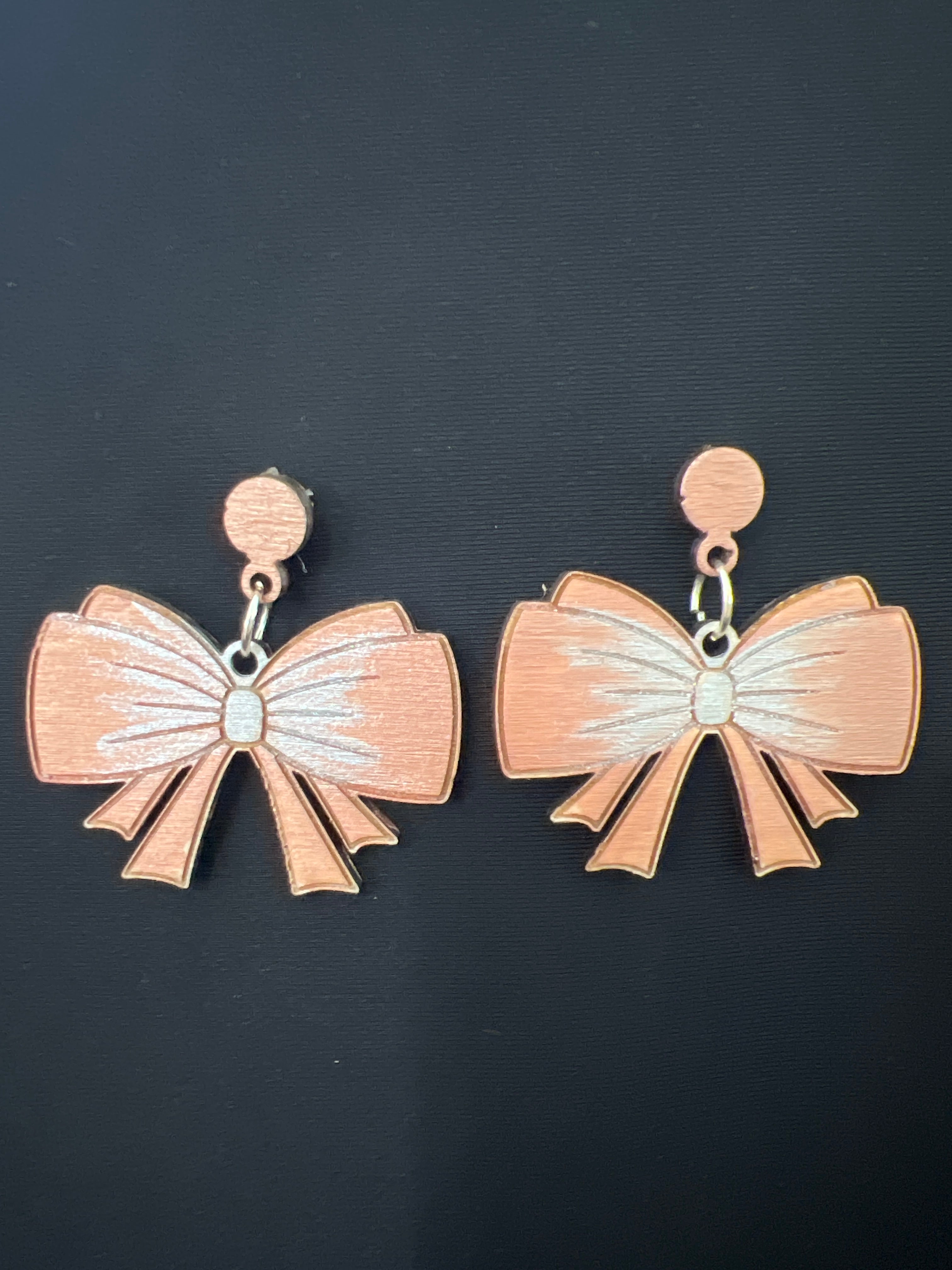 All Natural Hand Painted Both Sides Wood Studback Earring - Soft Pink and Silver Bows
