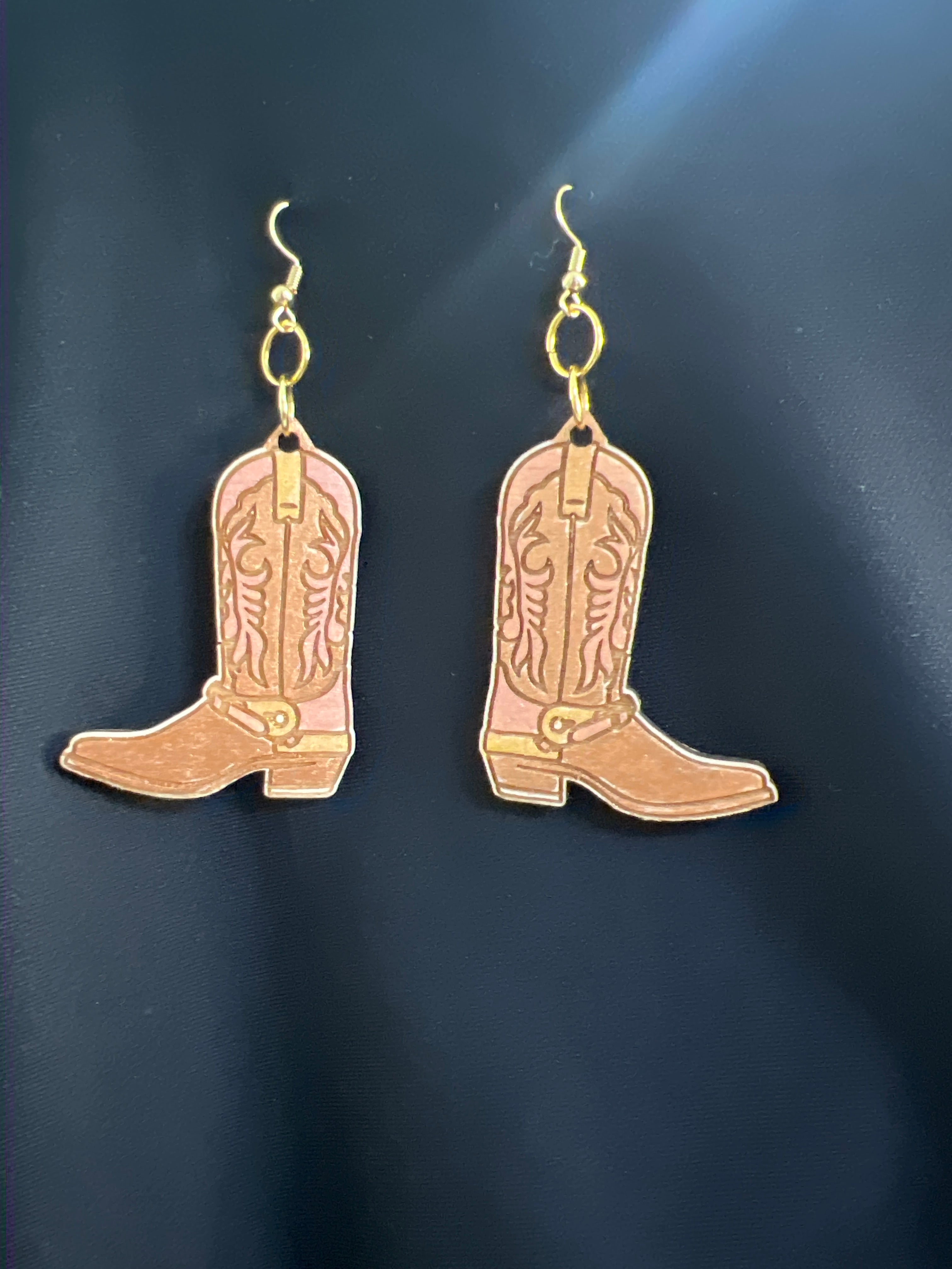 All Natural Hand Painted Both Sides Wood Dangle Earring - Cowgirl Boots Pink and Gold