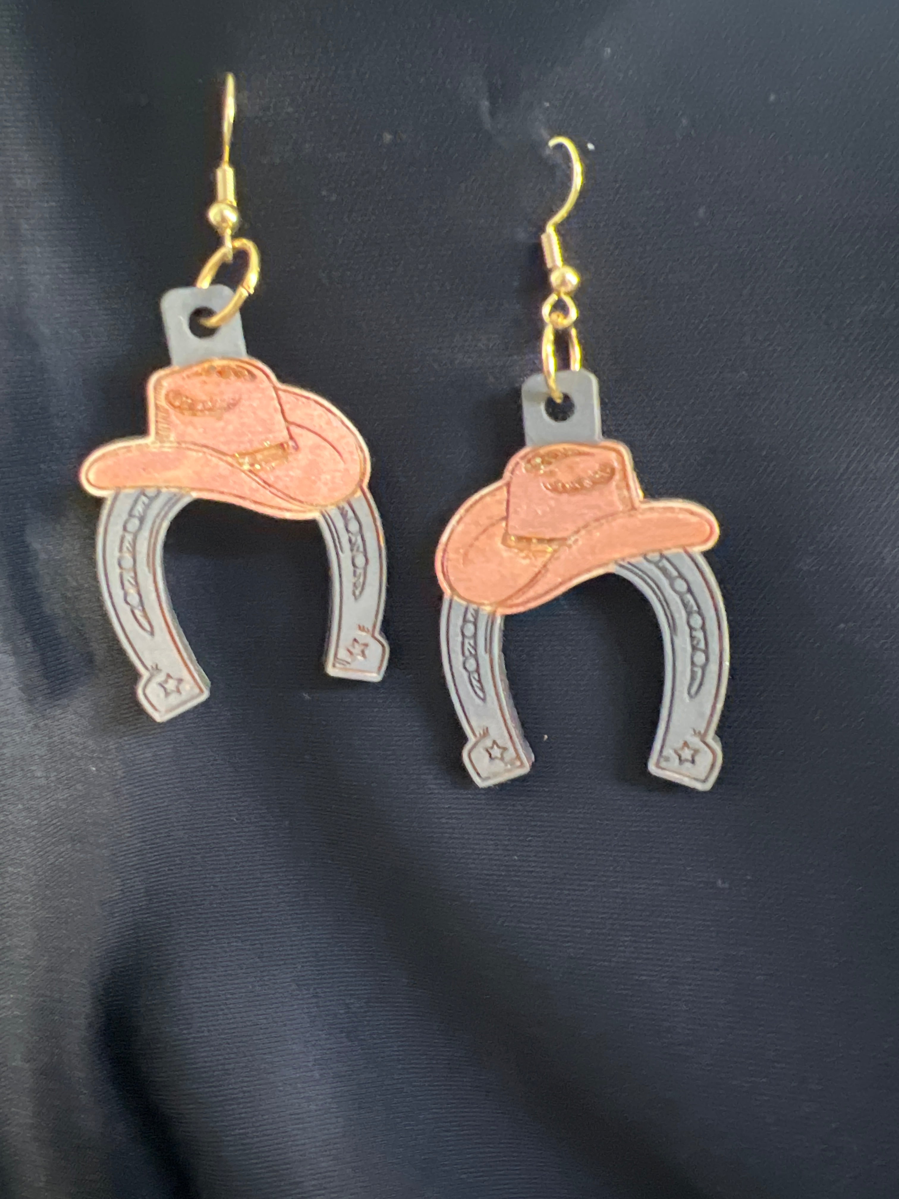 All Natural Hand Painted Both Sides Wood Dangle Earring - Cowgirl Hat and Horseshoe Pink