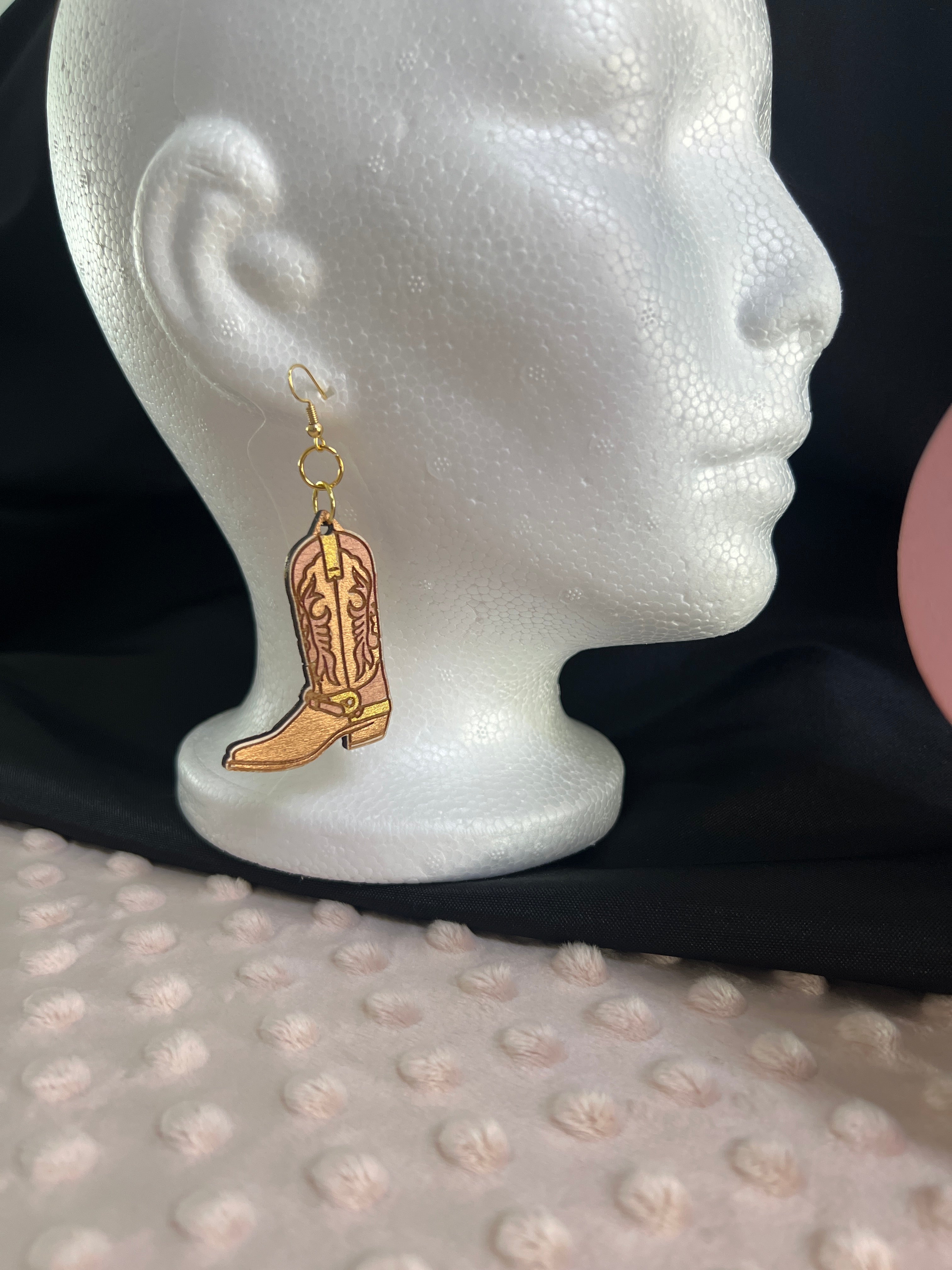 All Natural Hand Painted Both Sides Wood Dangle Earring - Cowgirl Boots Pink and Gold