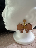 All Natural Hand Painted Both Sides Wood Dangle Earrings - Pink and Gold Bows