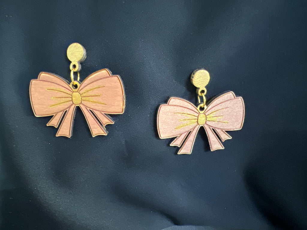All Natural Hand Painted Both Sides Wood Dangle Earrings - Pink and Gold Bows