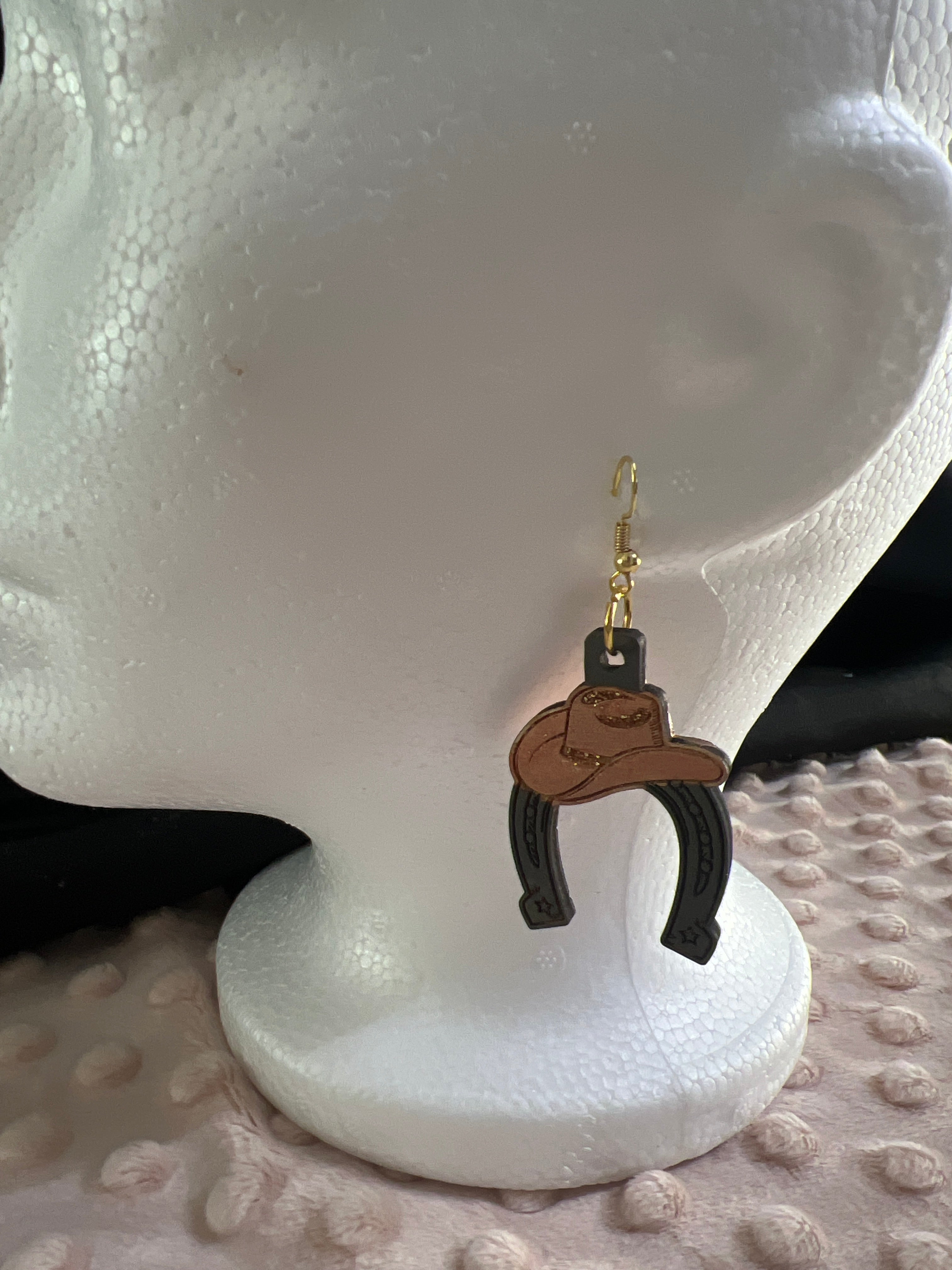 All Natural Hand Painted Both Sides Wood Dangle Earring - Cowgirl Hat and Horseshoe Pink